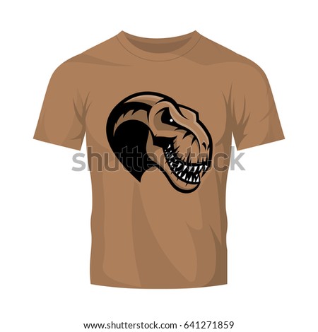 Dinosaur head sport club vector logo concept isolated on brown t-shirt mockup. Modern team badge mascot design. Premium quality wild reptile t-shirt tee print illustration. Monster professional icon.
