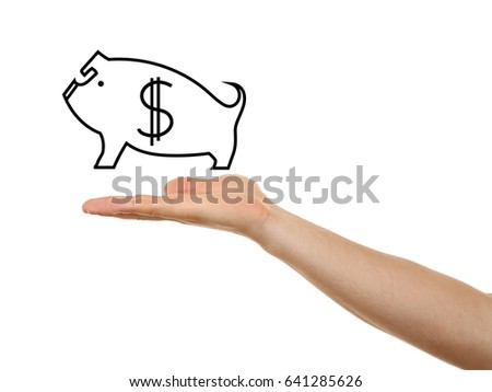 Woman holding drawing of piggy bank on white background