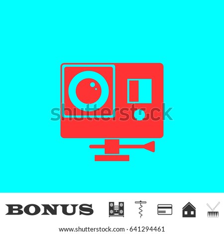 Action camera icon flat. Red pictogram on blue background. Vector illustration symbol and bonus buttons Music center, corkscrew, credit card, house, drum