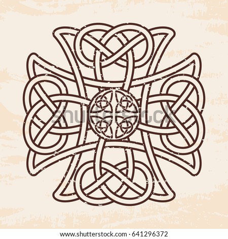 Celtic national ornament in the shape of a cross. Brown pattern on a beige background with the effect of aging.