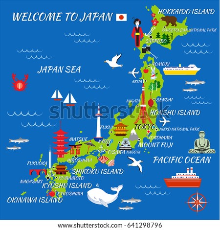 Japan cartoon travel map, vector illustration, landmark Kinkaku JI temple, Itsukushima Shrine, Tokyo tower, Confucius temple, Mountain Fuji, Kyoto Tower, japanese symbol sakura, pagoda, umbrella, fan