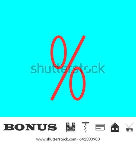 Percent icon flat. Red pictogram on blue background. Vector illustration symbol and bonus buttons Music center, corkscrew, credit card, house, drum