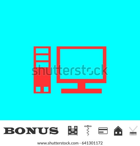Computer icon flat. Red pictogram on blue background. Vector illustration symbol and bonus buttons Music center, corkscrew, credit card, house, drum