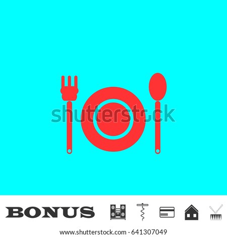 Plate with fork and spoon icon flat. Red pictogram on blue background. Vector illustration symbol and bonus buttons Music center, corkscrew, credit card, house, drum
