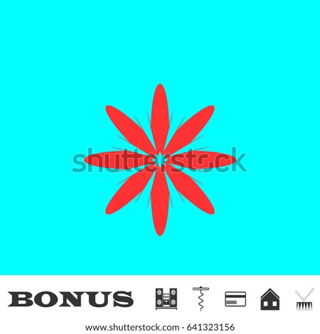 Flower chamomile icon flat. Red pictogram on blue background. Vector illustration symbol and bonus buttons Music center, corkscrew, credit card, house, drum