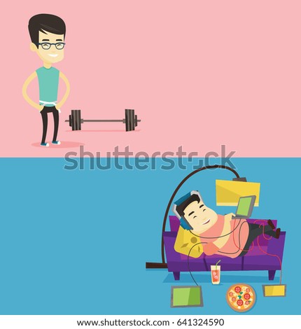 Two lifestyle banners with space for text. Vector flat design. Horizontal layout. Young man measuring his waistline with a tape. Man measuring with tape the abdomen. Asian man with tape on a waist.