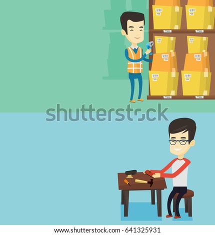 Two industrial banners with space for text. Vector flat design. Horizontal layout. Shoemaker working with a shoe in workshop. Shoemaker repairing a shoe in workshop. Shoemaker making shoes in workshop