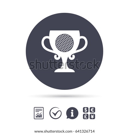 Golf ball sign icon. Sport symbol. Winner award cup. Report document, information and check tick icons. Currency exchange. Vector