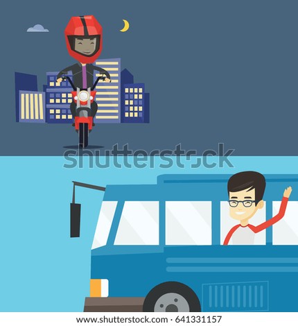 Two transportation banners with space for text. Vector flat design. Horizontal layout. Asian man enjoying his trip by bus. Man waving from bus. Passenger peeking out of bus window and waving hand.