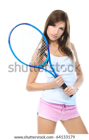 Portrait of a young girl with a tennis racket. Isolated over white background.