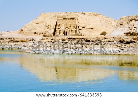 The Great Temple of Ramesses II view from Lake Nasser, Abu Simbel, Egypt  Royalty-Free Stock Photo #641333593