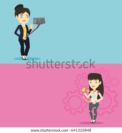 Two technology banners with space for text. Vector flat design. Horizontal layout. Young woman showing her smartphone and smart watch. Concept of synchronization between smartwatch and smartphone.