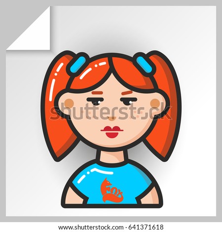 Cartoon female avatars- face icons. Vector Isolated flat colorful illustration. Red-haired girl in a blue tank top.