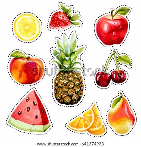 Fashion patch badges with fruits. Set of stickers, pins, patches and collection in cartoon  fruits comic style. Creative illustration. Vector illustration isolated. Vector clip art.