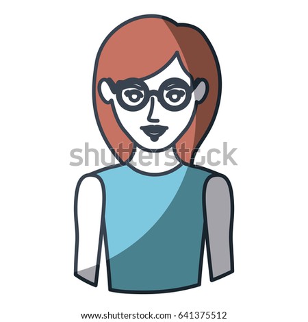 color silhouette and thick contour of half body of woman with glasses and sleeveless shirt vector illustration