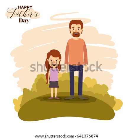 colorful card of landscape with dad and daugther holding hands on the fathers day vector illustration