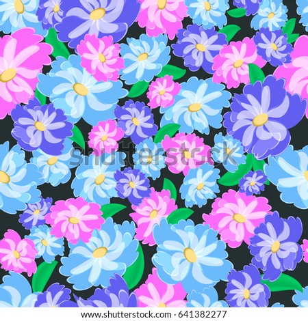 Vector seamless pattern with fancy pink and blue flowers.