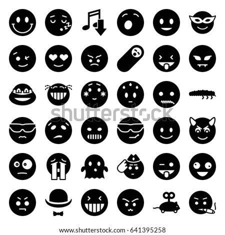 Funny icons set. set of 36 funny filled icons such as mouse toy, smiling emot, crazy emot, emoji in mask, emoji showing tongue, ghost, ninja, caterpillar, hat and moustache