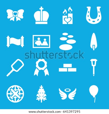 Decoration icons set. set of 16 decoration filled icons such as plane, brick wall, baloon, mirror, wings, pine-tree, street lamp, bow, candle heart, ribbon, manuscript