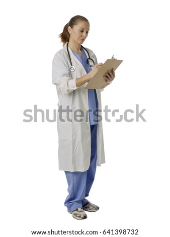 Middle aged nurse or doctor; isolated on white background