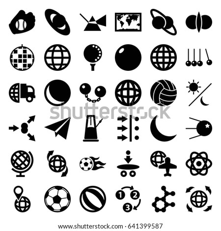 Sphere icons set. set of 36 sphere filled icons such as globe and plane, qround the globe, crescent, football ball, golf ball, baseball glove, volleyball, fotball, 1 2 3