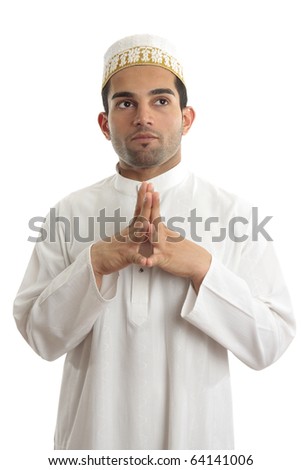 Man wearing kurta robe and topi cultural clothing - thinking and looking up.   White background. Royalty-Free Stock Photo #64141006