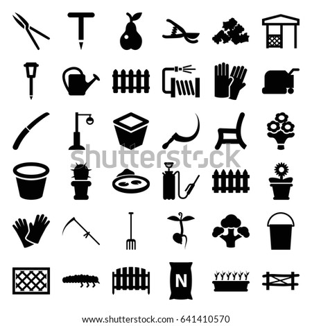Garden icons set. set of 36 garden filled icons such as fence, glove, bucket, lawn mower, mud, gardening tool, pitchfork, scythe, garden tools, gardening knife, watering can