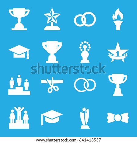 Ceremony icons set. set of 16 ceremony filled icons such as graduation cap, bow tie, trophy, rings, ranking, 1st place star, torch, star trophy, scissors and ribbon