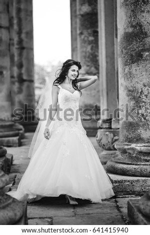 Wedding Picture in Black and White. Happy Bride Enjoying.