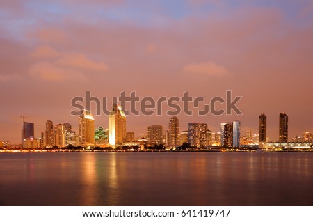San Diego Skyline  Showing Downtown After Sunset.  San Diego is on the coast of the Pacific Ocean in Southern California, USA.