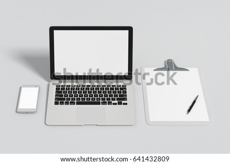 Blank screen laptop, smartphone and clipboard with pen isolated on white background with clipping path. 3d illustration