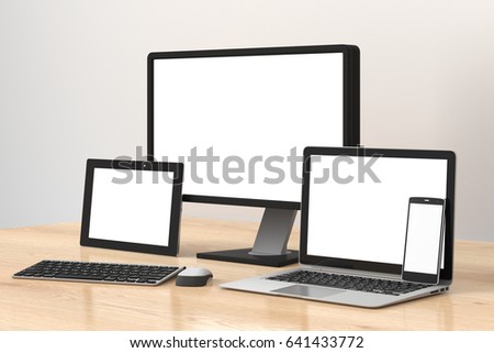 Blank screen desktop monitor, laptop, tablet pc and smartphone isolated on wooden background with clipping path. 3d illustration