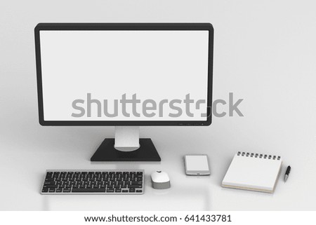 Blank screen desktop monitor, smartphone and notepad with pen isolated on white background with clipping path. 3d illustration