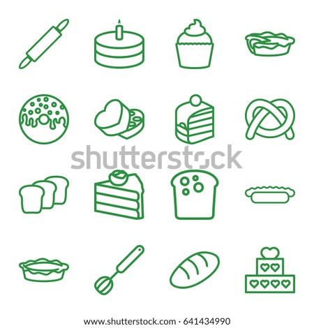 Bakery icons set. set of 16 bakery outline icons such as bread, piece of cake, donut, pie, muffin, sweet box, cake, corolla, dough pin