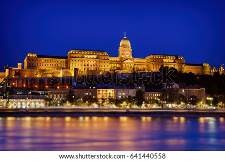 Budapest royal palace at night with illumination, Hungary, Europe. Travel outdoor european background