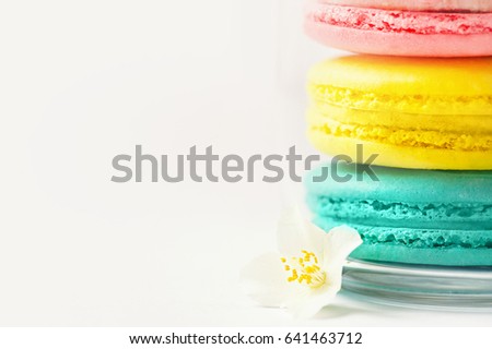 Cake macaron or macaroon on white background, sweet and colorful dessert