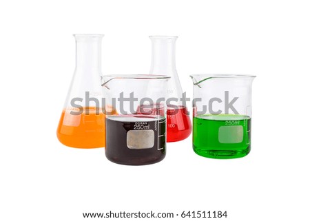 Chemical laboratory glassware with liquid Erlenmeyer flask on white background with clipping path