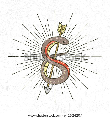 Vintage snake symbol with sunburst on grunge background 