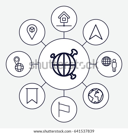 Map icons set. set of 9 map outline icons such as navigation arrow, pin on globe, location, home, flag, globe, globe and man