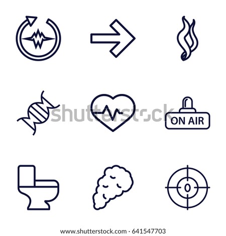 Curve icons set. set of 9 curve outline icons such as toilet, heartbeat, open air, dna, smoke