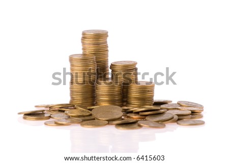 many money coins column over white background