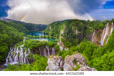 morning over waterfalls in Plitvice park, Croatia Royalty-Free Stock Photo #641562580