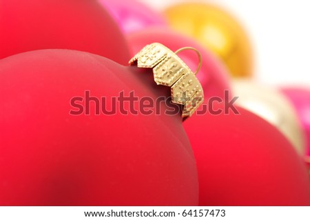 Heap of colorful Christmas balls on white background.