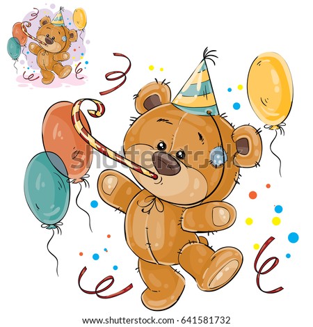 Vector illustration of a brown teddy bear in a cardboard hat and with a whistle surrounded by balloons. Print, template, design element for greeting cards and invitations to a party