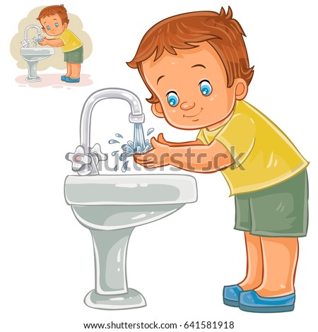 Vector illustration of a little boy washes his hands with water from a tap. Print, template, design element
