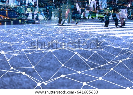 Walking crowd and mesh communication network concept. Internet of Things. Smart city. Information Communication Technology.