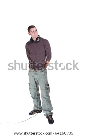 Man is listening to the music over white background