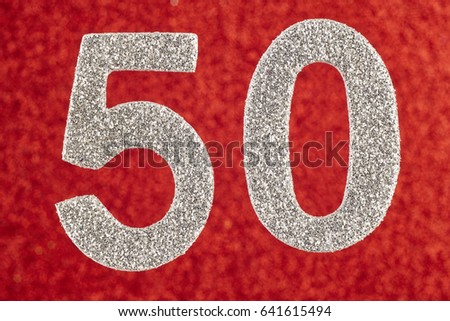 Number fifty silver colors over a red background. Anniversary. Horizontal