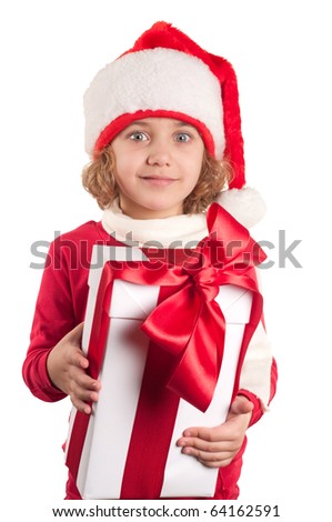 a small girl with a christmas hat and a present