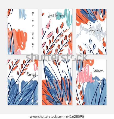 Abstract trees and buses on marker brush.Hand drawn creative invitation or greeting cards template. Anniversary, Birthday, wedding, party, social media banners set of 6. Isolated on layer.